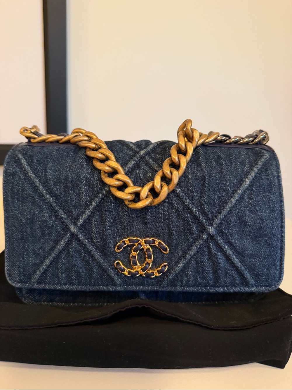 Chanel 19 Wallet on a Chain in Blue Denim